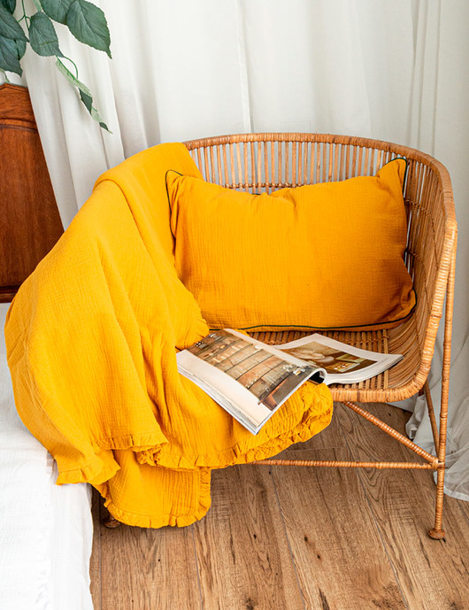 Żólty Pled (Koc) 160x200 cm muślinowy z falbanką, Handmade, Lariko Studio