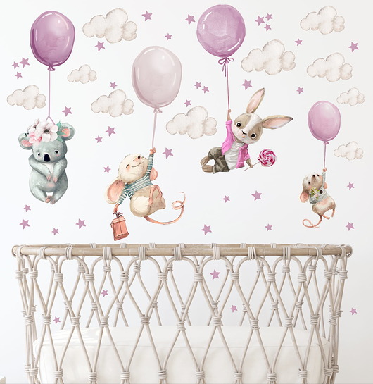 Króliczek, myszki, koala różowe balony dk106 - naklejka na ścianę