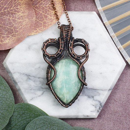 Miedziany wisiorek wire wrapping z amazonitem #530