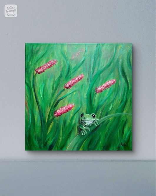 Kwietna łąka Obraz olej płótno 40x40 łąka żaba kwiaty zieleń trawa