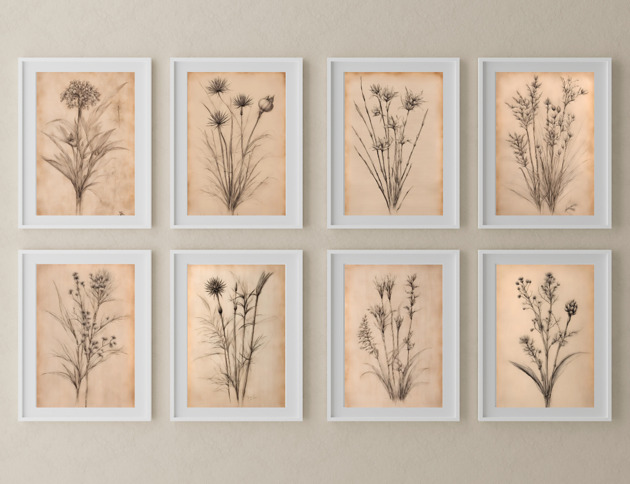 ZESTAW 8 PLAKATÓW beżowe botaniczne vintage