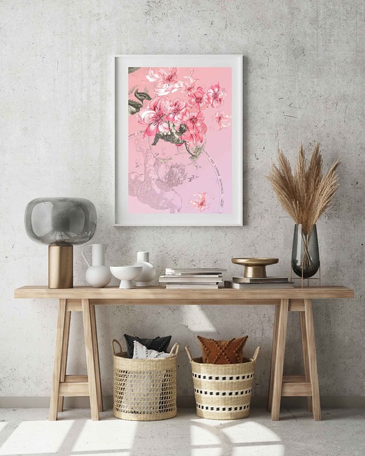 Plakat Collage Upadam w toń łapiąc za płatki piwonii róż