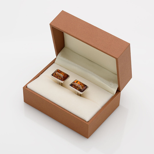 Srebrne spinki z bursztynem do koszuli + brązowe pudełko eko skóra