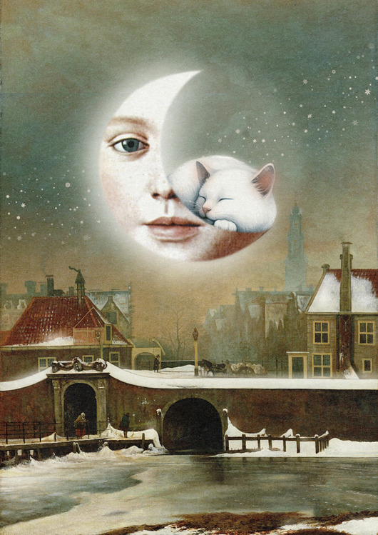 Plakat fine art giclee kolaż zimowy krajobraz z księżycem i kotem