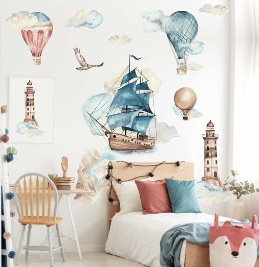 Latarnia morska, statek, balony - Naklejka na ścianę, naklejka ścienna
