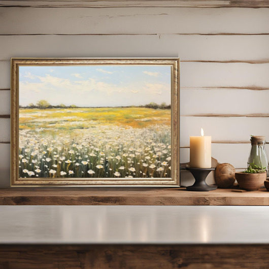 Obraz w ramie, oprawiony stary obraz olejny, wiejski krajobraz