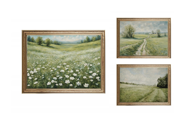 3 Obrazki w ramie, dawne malarstwo, wiejski krajobraz, łąka