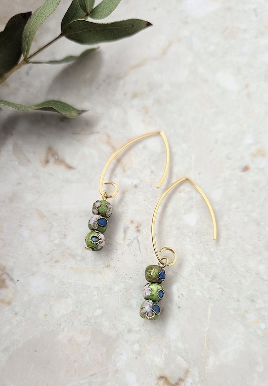 Unikat-Kolczyki CLOISONNE green- srebro złocone