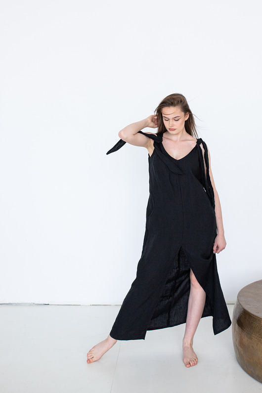 Sukienka lniana regulowane ramiączka czarna len polski