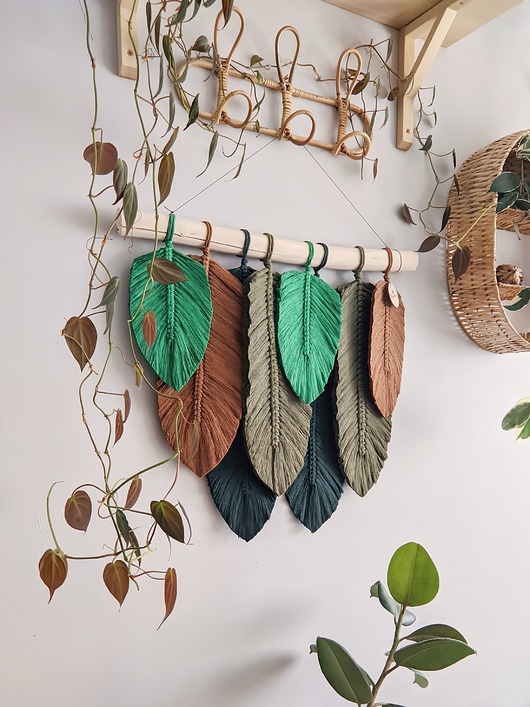 Ciemna makrama zielone dekoracje na ścianę pióra liście do domu w stylu boho