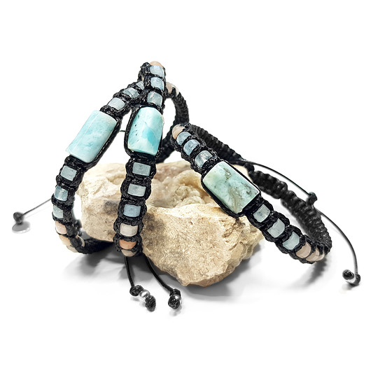 Larimar, akwamaryn i awenturyn bransoletka makramowa