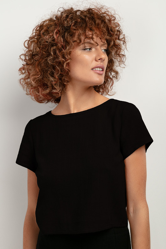 Top z lnem z krótkim rękawem T401, black