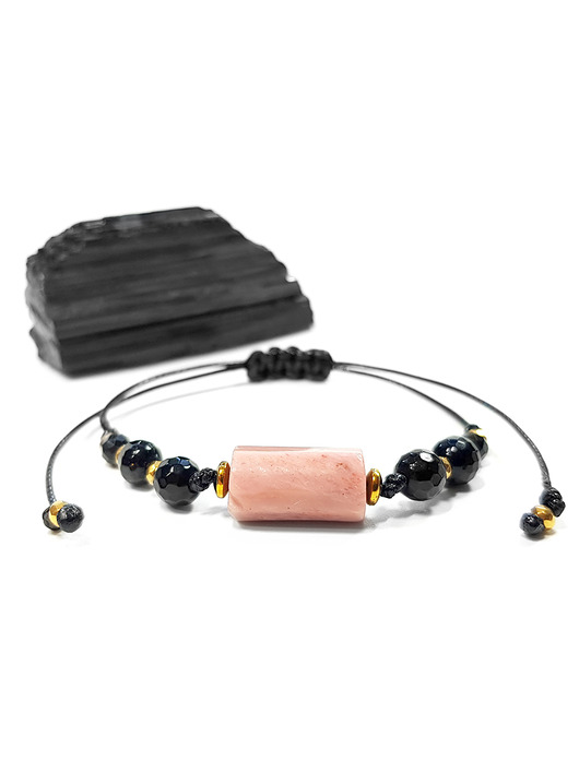 Rodonit, czarny turmalin i hematyt bransoletka