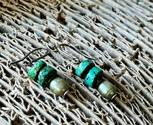 VINTAGE - Kolczyki srebrne z turkusami i perłami