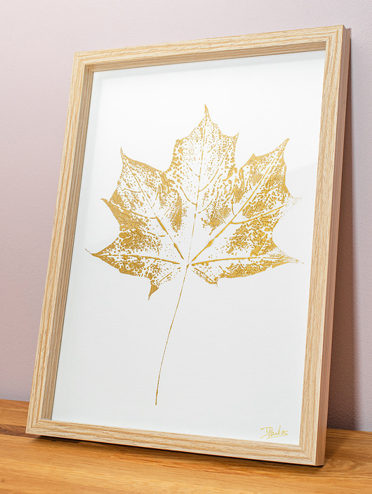 Obraz w ramie. Botaniczny plakat. Grafika handmade. Złoty Liść KLON ramka A4