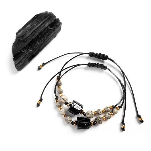 Czarny turmalin, szary jaspis i hematyt bransoletka