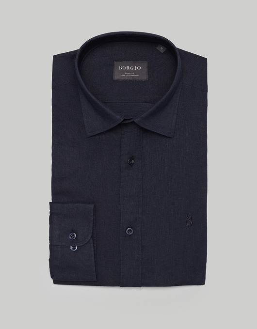 Lniana koszula lentane 00477 długi rękaw granatowy slim fit