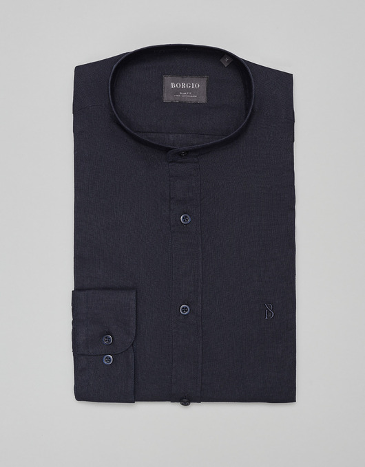 Lniana koszula lentane ze stójką 00478 długi rękaw granatowy slim fit