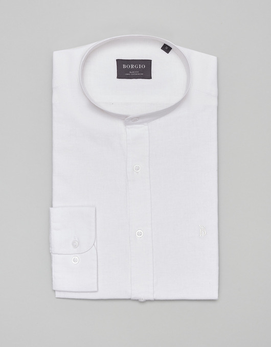 Lniana koszula lentane ze stójką 00483 długi rękaw biały slim fit