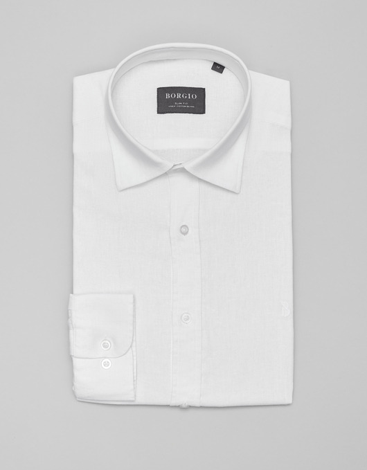 Lniana koszula lentane 00482 długi rękaw biała slim fit