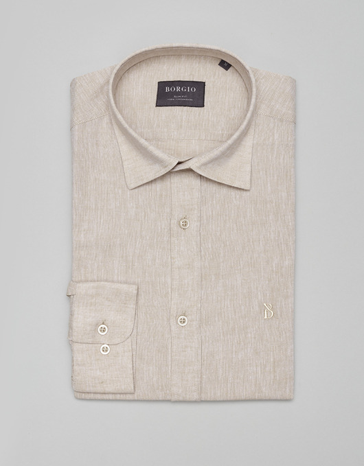 Lniana koszula lentane 00481 długi rękaw beżowy slim fit