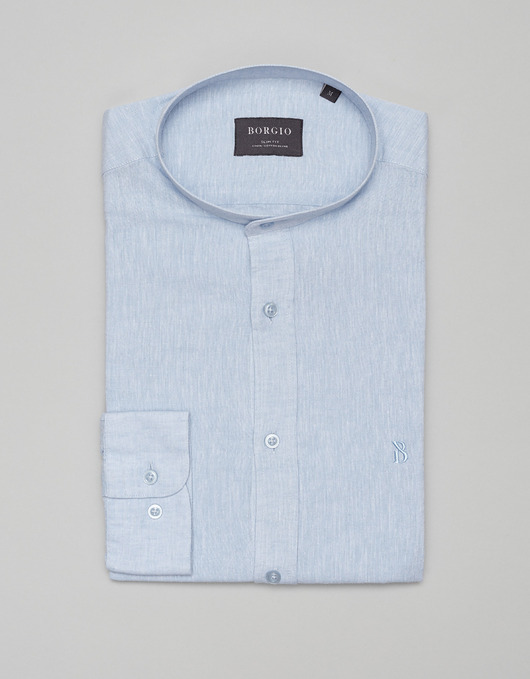Lniana koszula lentane ze stójką 00480 długi rękaw błękit slim fit