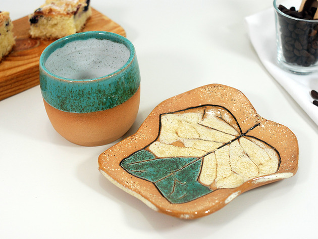 Ceramiczy komplet - czarka i talerzyk liść