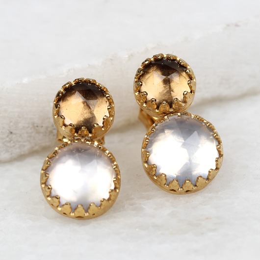 Złote kolczyki retro z kwarcem różowym i dymnym