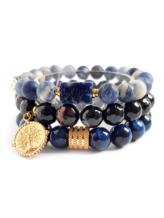 Zestaw bransoletek tygrysie oko, sodalit, czarny agat