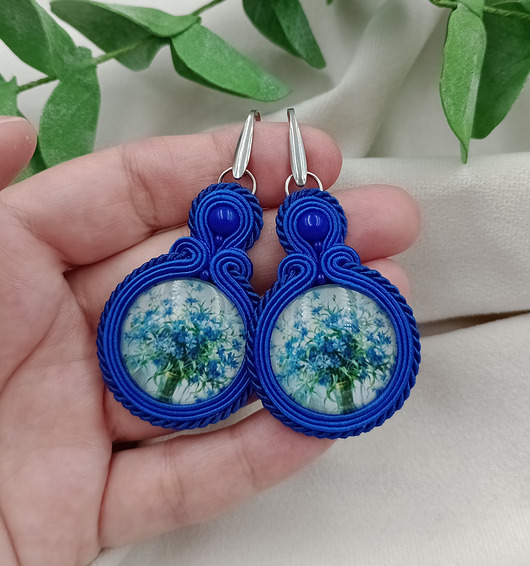 Kolczyki soutache chabry, kolczyki klipsy kwiaty kwiaty polskie