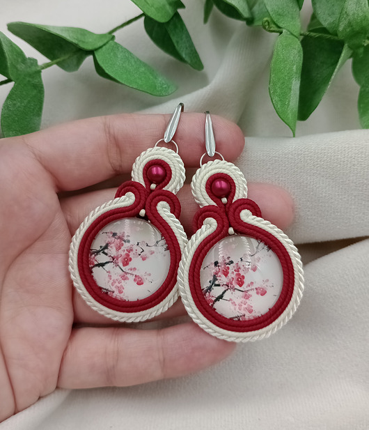 Kolczyki soutache kwiat jabłoni, kolczyki klipsy kwiaty kwiaty polskie