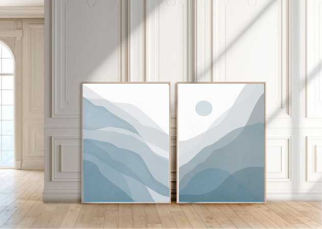 DWA PLAKATY niebieska abstrakcja krajobraz