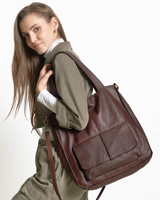 Torebka damska shopper A4 skóra naturalna - czekoladowy brąz