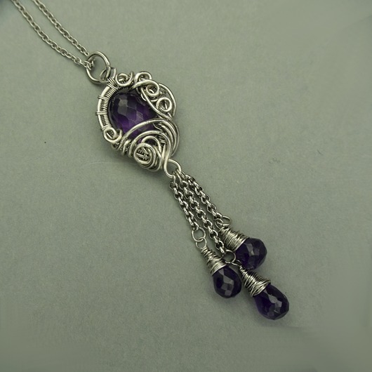 Długi wisiorek ametyst wire wrapping