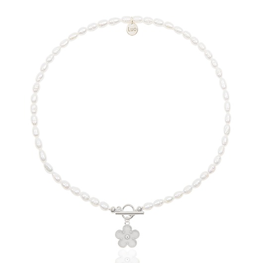 Naszyjnik z naturalnych pereł z kwiatem Niezapominajką