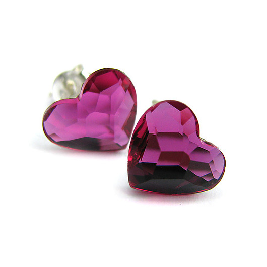 Kolczyki - serduszka Fuchsia - kryształy Swarovski