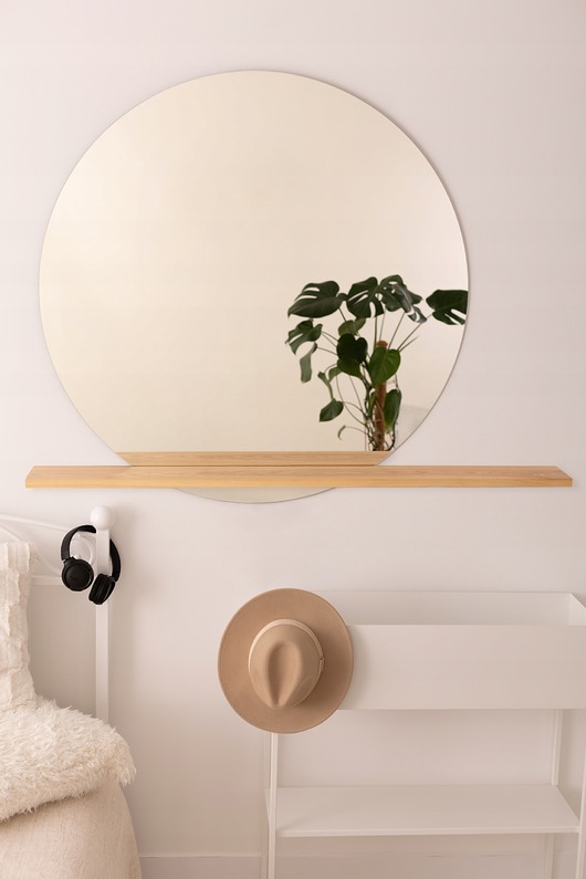 Lustro okrągłe ścienne 60cm z półką drewnianą salon pokój łazienka