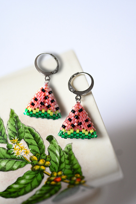 Kolczyki arbuz z koralików handmade