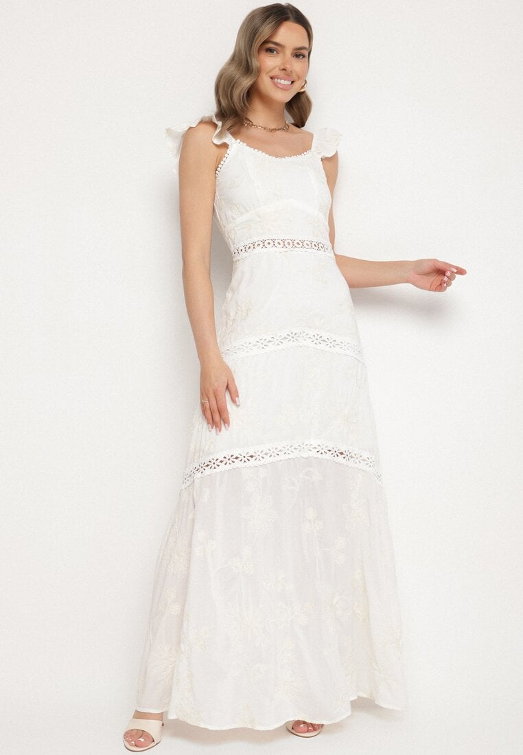 Biała Wiskozowa Sukienka Ozdobiona Haftami i Falbankami Lumionea
