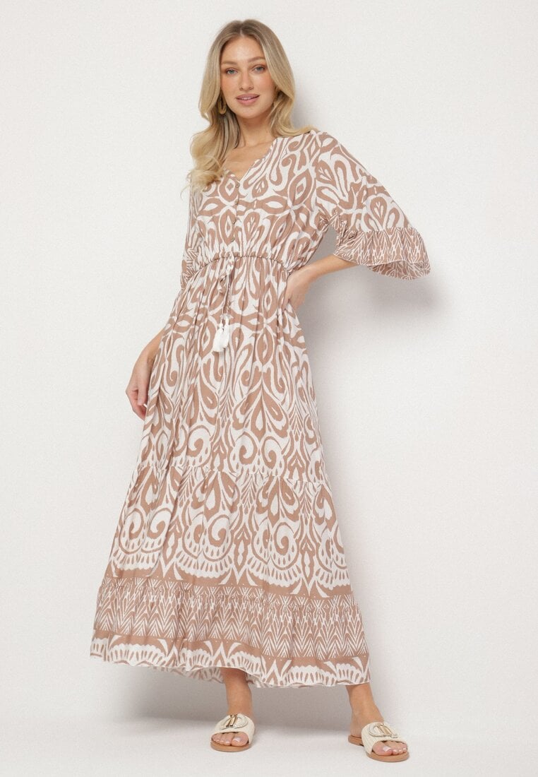 Jasnobeżowa Sukienka Bawełniana w Ornamentalny Wzór z Gumką w Talii Orrielle