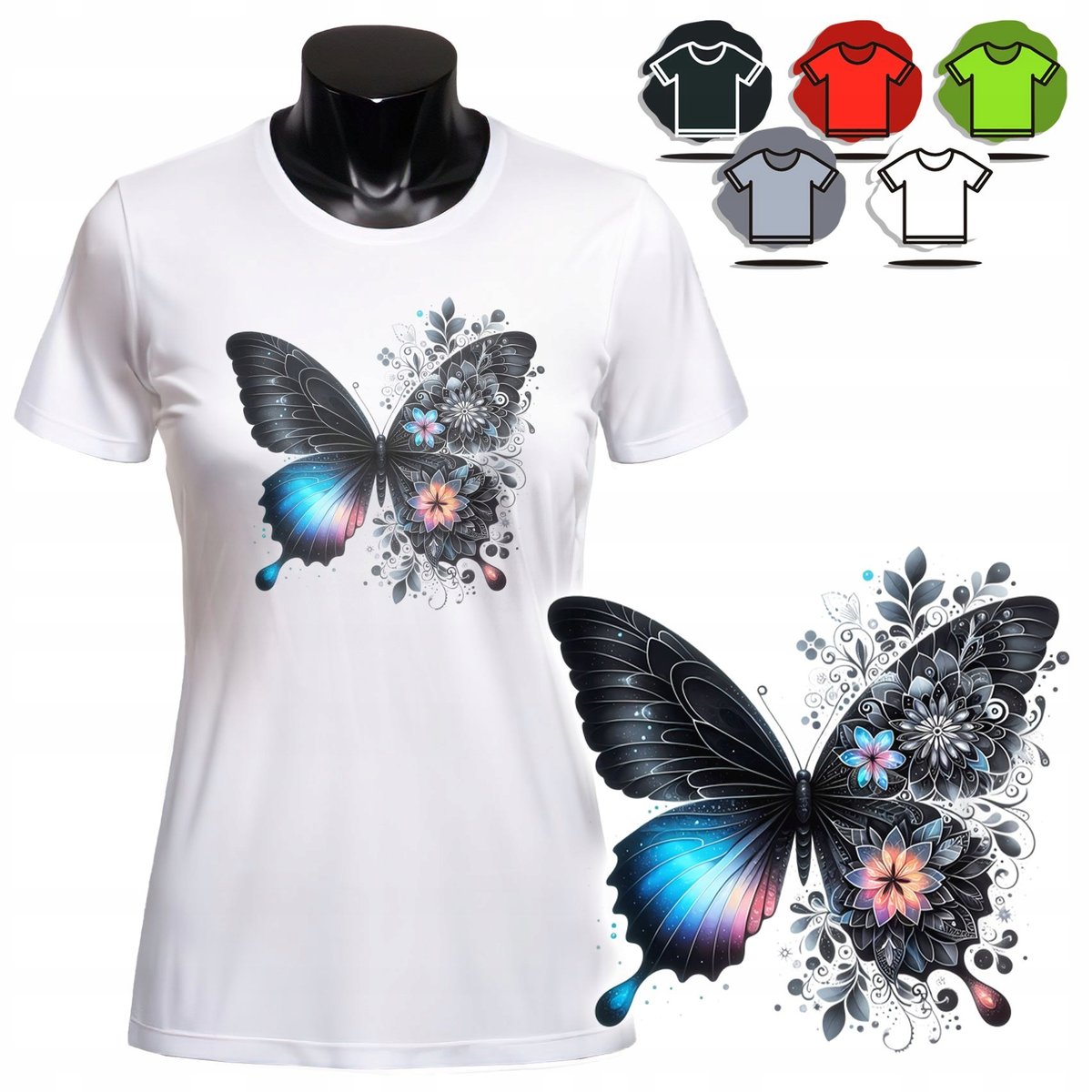 KOSZULKA DAMSKA Z NADRUKIEM T-SHIRT - MOTYLEK KWIATY - S