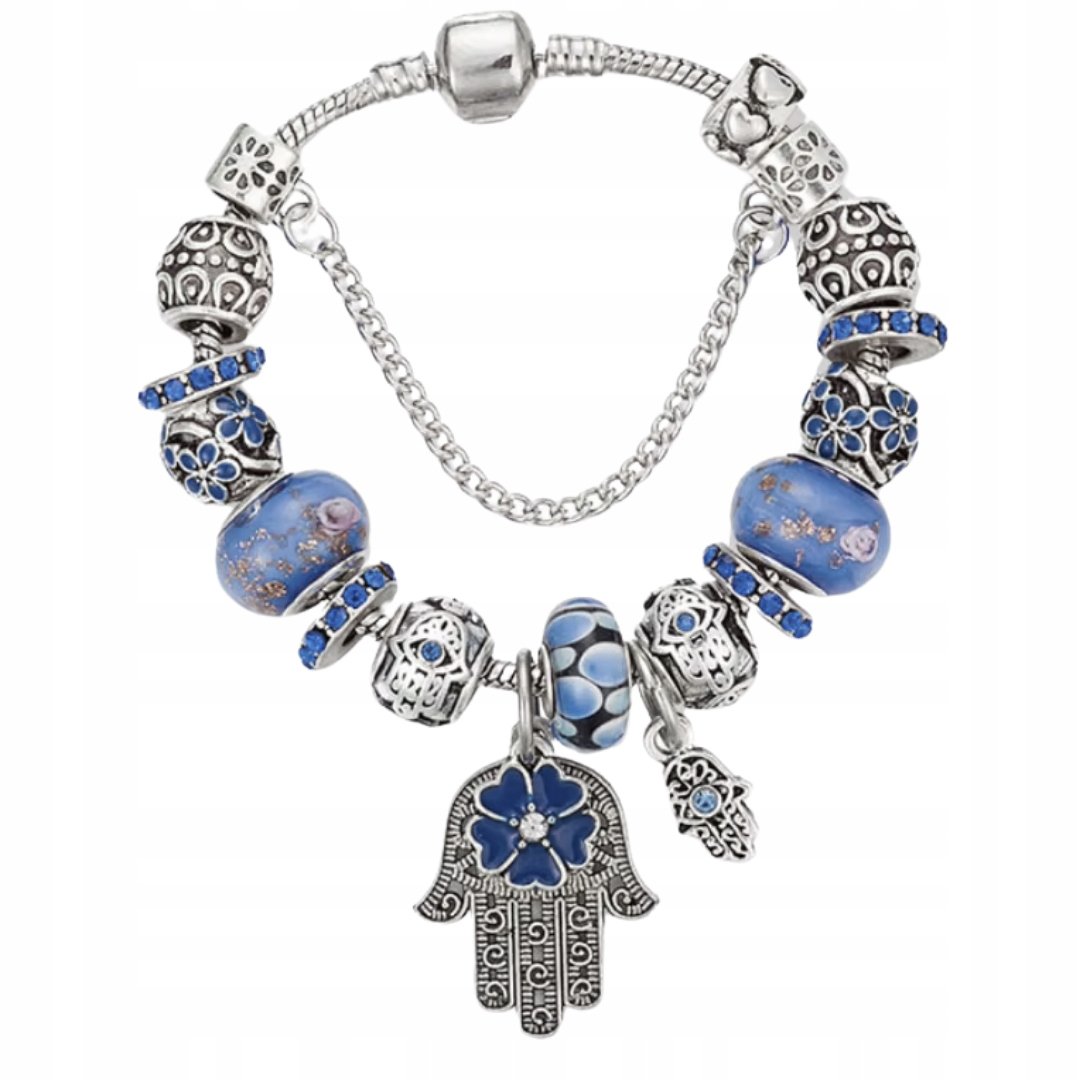 Bransoletka stylu charms z zawieszką dłoń i niebieskimi akcentami 16 cm