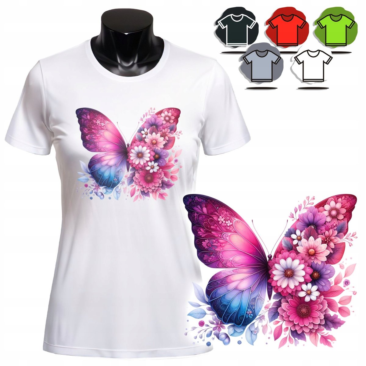 KOSZULKA DAMSKA Z NADRUKIEM T-SHIRT - MOTYLEK KWIATY - XS
