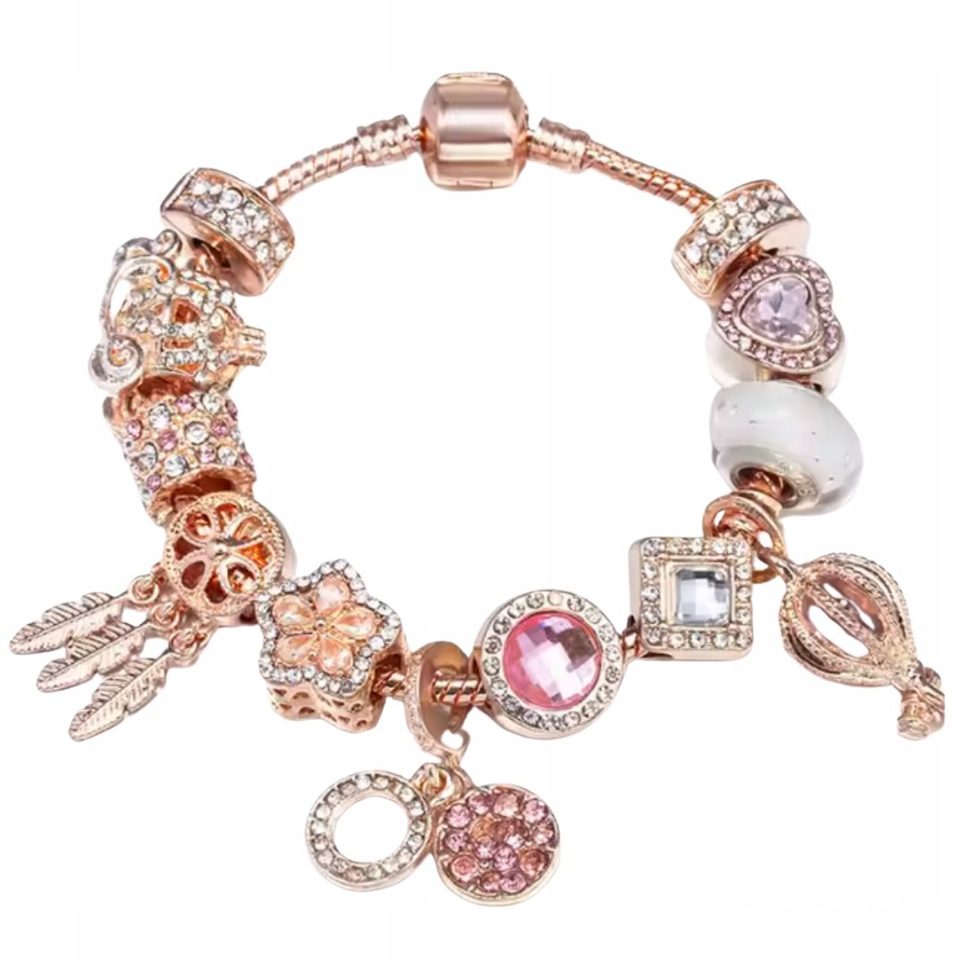 Bransoletka 18 cm różowozłota charms z zawieszkami i kryształkami