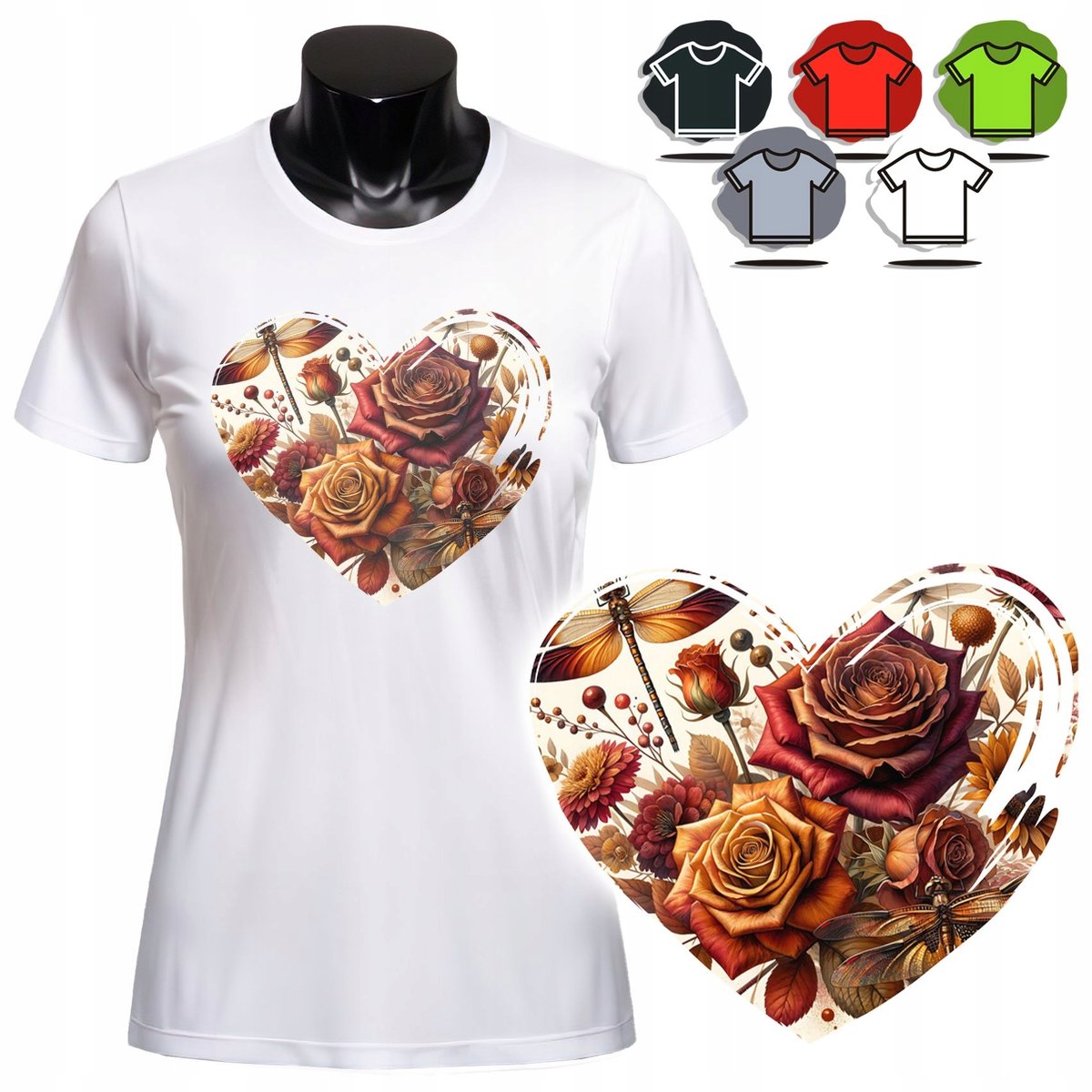 KOSZULKA DAMSKA Z NADRUKIEM T-SHIRT - SERCE RÓŻA KWIATY - XL