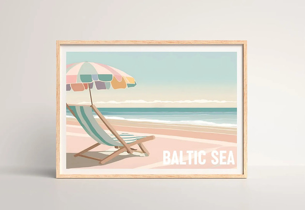 Bałtyk PLAKAT pastelowy ilustracja plaża morski