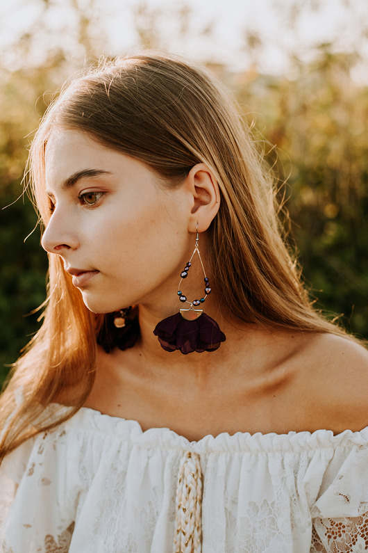 Kolczyki klipsy czarne kwiaty szyfonowe