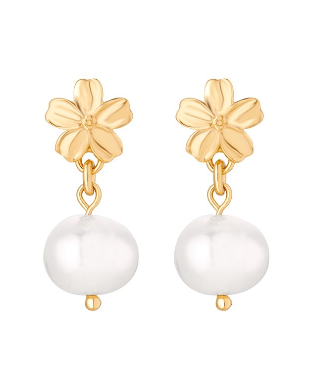 Złote kolczyki niezapominajki z perłami naturalnymi