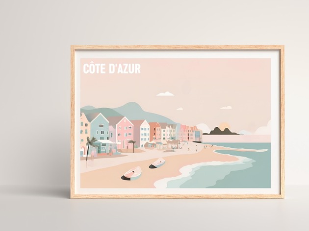 Cote d azur PLAKAT pastelowy ilustracja plaża morski