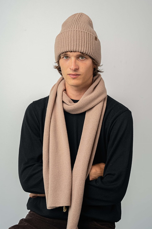 Szalik Wełniany KARIBU Karmelowy- pluszowy prążkowany szal 100% wełny merino